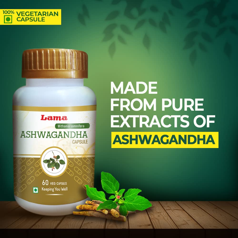 Lama Ashwagandha Capsule (Withania Somnifera), With Pure Natural Extracts Of Ashwagandha, Helps In Stress Management, Improve Energy, 500mg | 60 Veg Capsules 100gm 0.2lbs
