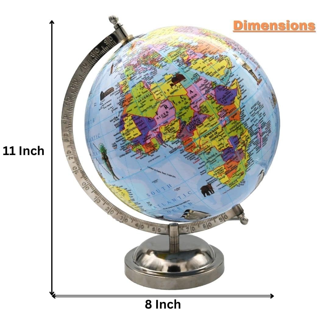 Educational 8 Inch Rotating World Globe With Chrome Finish Arc & Base, World Globe For Home Decor, Office Decor & Gifting For Students Learning, Pack Of 1