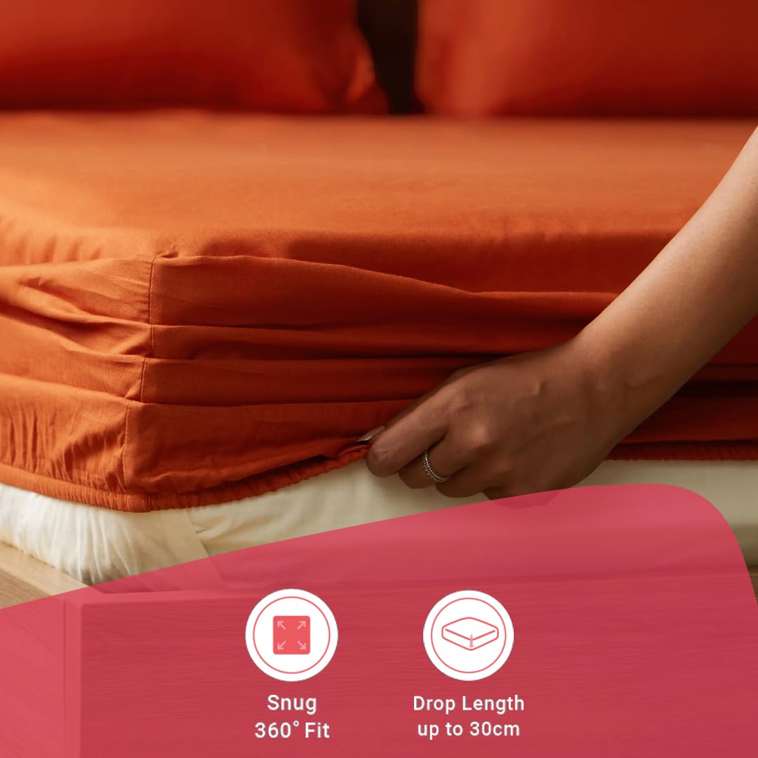 Plain Bedsheet For Double Bed King Size With 2 Pillow Covers - 72 X 78 Inches, Terracotta | All Around Elastic Fitted Sheet | 100% Cotton, Soft & Breathable - Collection