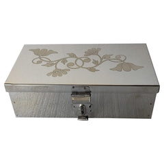 Steel Storage Boxes, Cash, Pooja Peti, Organizer, Safe Locker Box 8 Inch Storage Box W - 8", H-2.50", L-5" Cash Box With Laser Print Design, Material - Stainless Steel