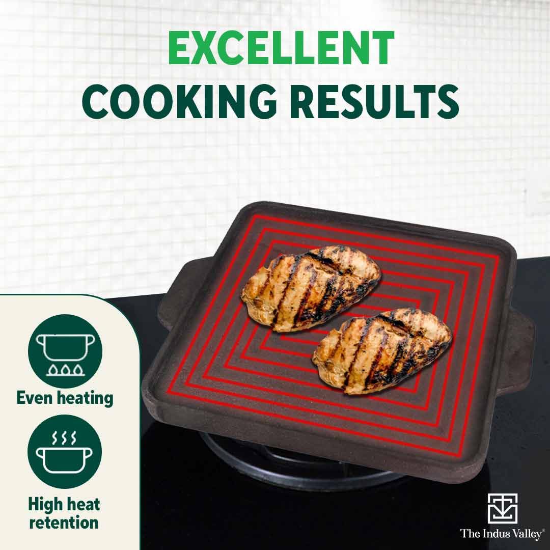 Pre-Seasoned Black Cast Iron Square Griddle Pan With Double Handle - Medium, 27.2 Cm, 10.7 Inch, 4.1 Kg | Gas Compatible, 100% Pure & Toxin-Free, No Chemical Coating