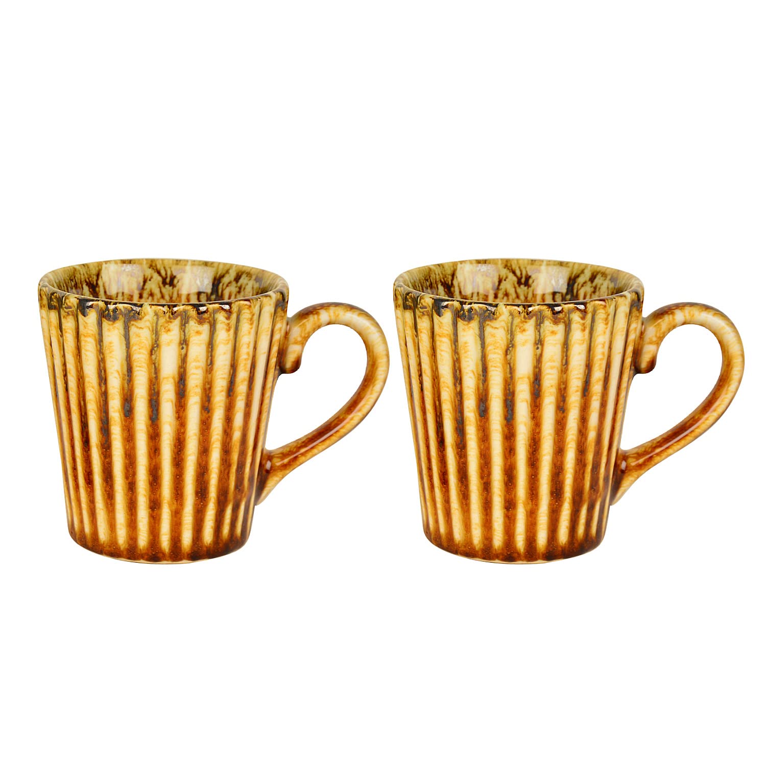 Ceramic Ribbed Coffee Mugs Set Of 2 - 300ml Each, Brown | Milk Mugs - Chai Cups - Tea Cups & Mugs