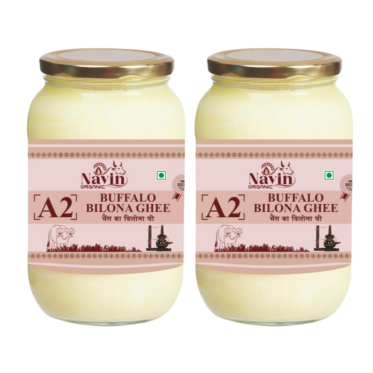 100% Pure A2 Desi Buffalo Bilona Ghee By Navin Organic | Rich In Nutrients & Delicious Healthy Desi Buffalo Ghee Good For Boost Immunity | 1 Litre (500ml * 2) 33.8 Ounce | Jar Pack