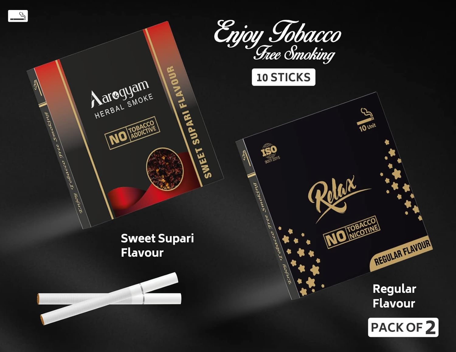 Aarogyam Herbals Pack Of 2 Flavours 100% Tobacco & Nicotine Free Cigarette For Relieve Stress & Mood Enhance Product Relax Regular, Sweet Supari - 10 Sticks X 2 Packets