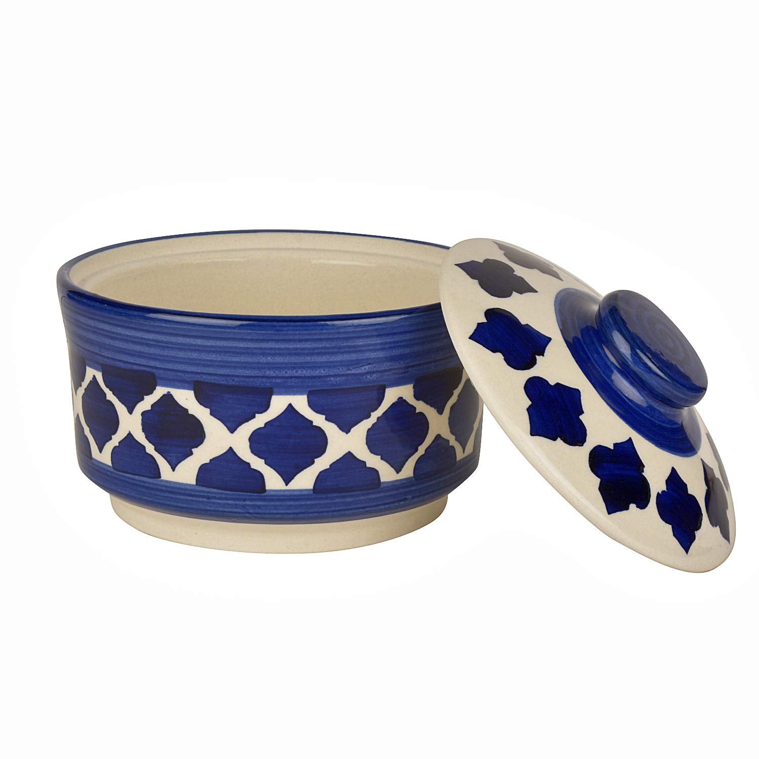 Studio Pottery Hand Painted Ceramic Serving Donga With Lid Casserole Set Of 3 - 900ml, 500ml & 300ml, Blue | Dinner Serving Set - Stackable Kitchen Bowl Set