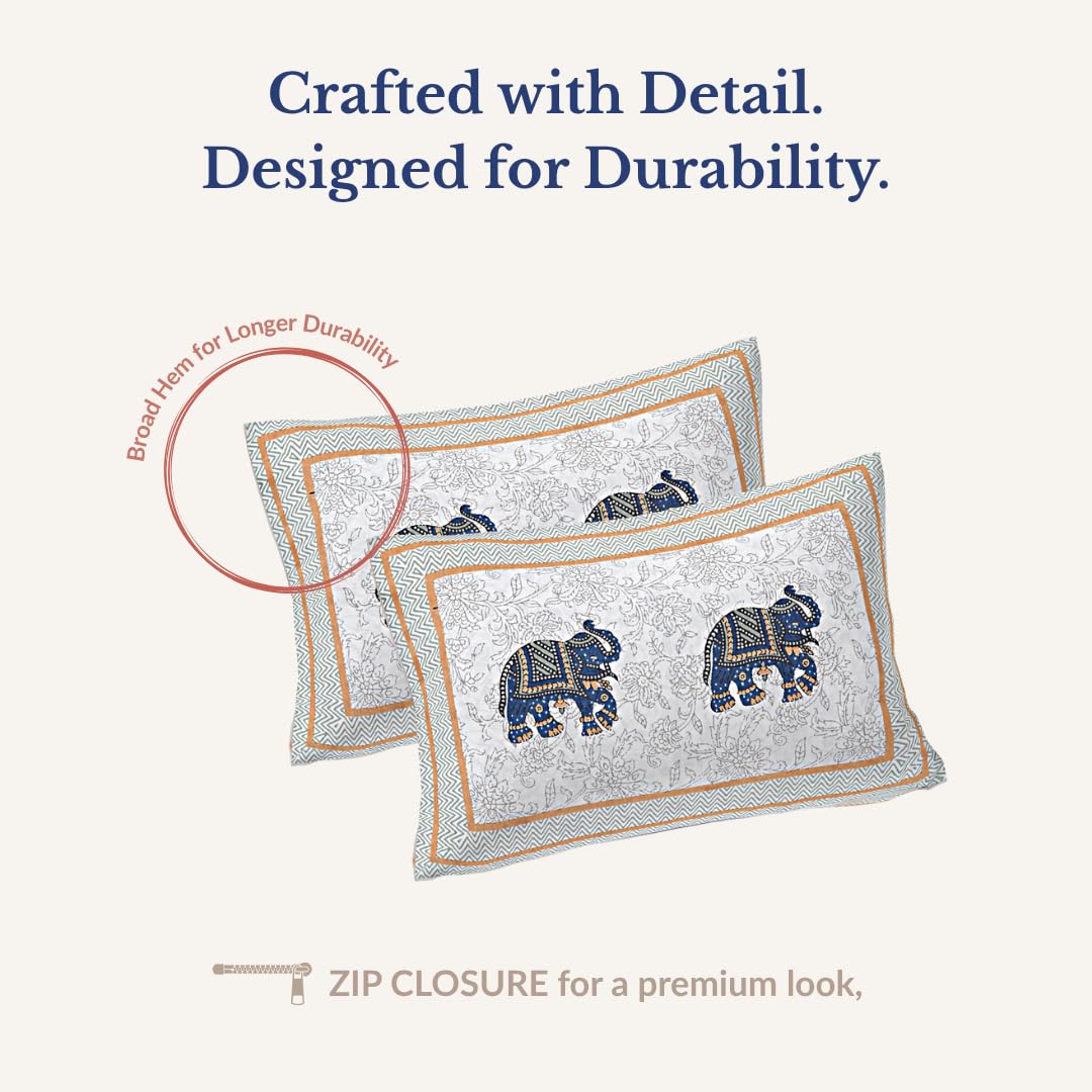 Jaipuri Cotton King Size Bedsheet With 2 Pillow Covers | 108 X 108 Inches, Grey & Blue | Traditional Printed Elephants Design | All Season Comfort & Festival Gift