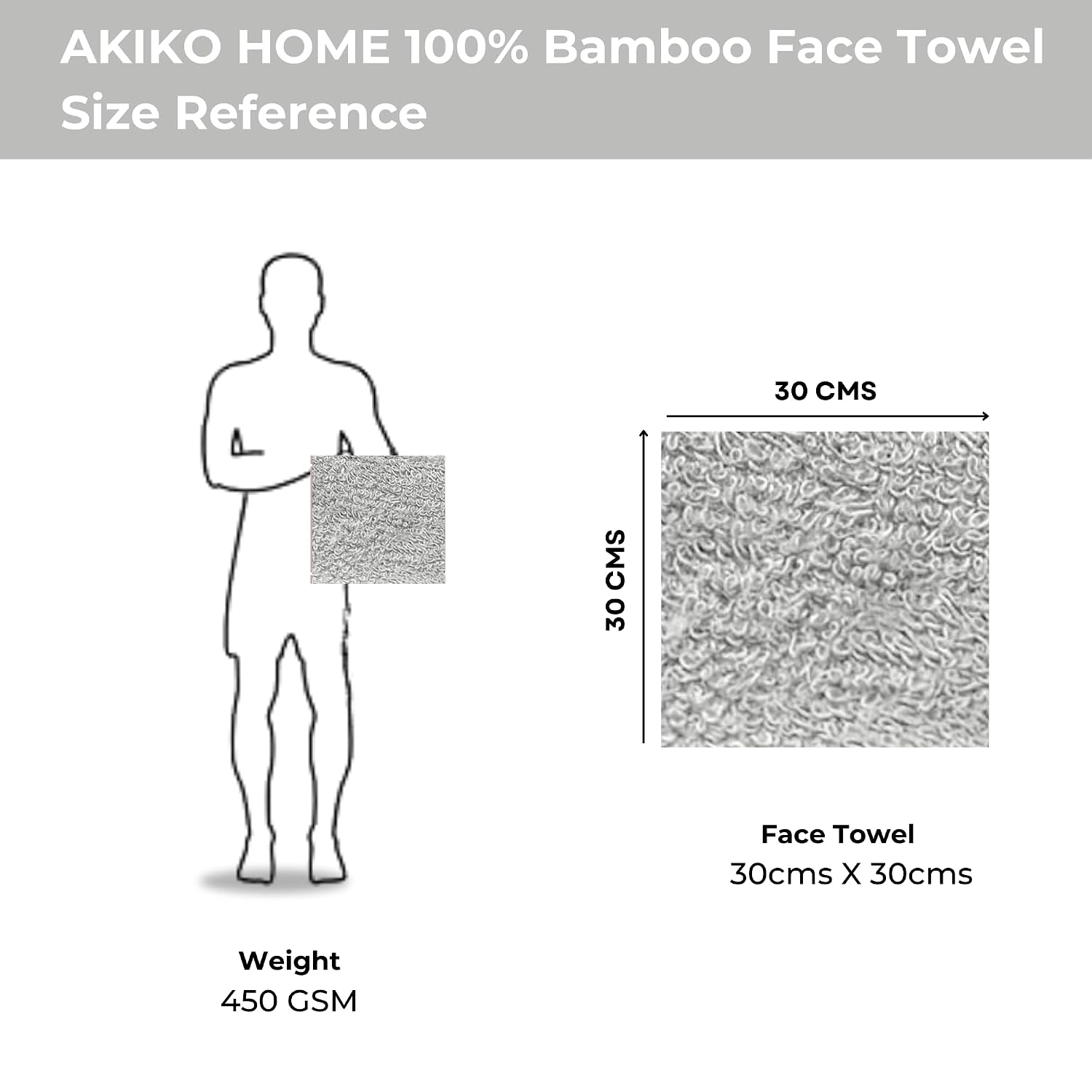 Akiko Home 100% Bamboo Face Towel 500 Gsm | Quick Dry, Super Soft, Anti Bacteria, Fast Absorbent, Eco Friendly, Hypoallergenic, Odor Resistant Face Towel | Pack Of 4 (Grey)