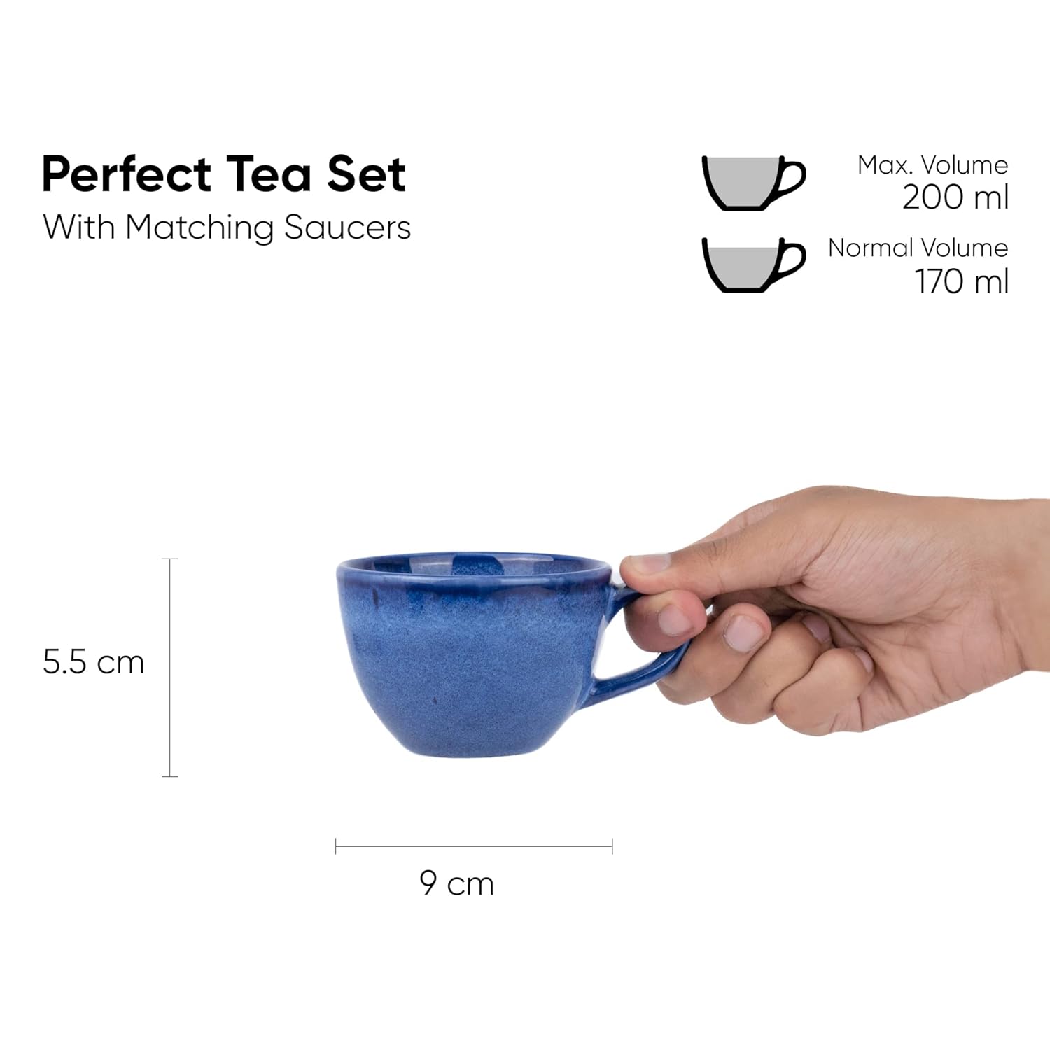 Ceramic Cup & Saucer Set Of 6 - Blue Reactive Glaze, 200ml Each Cup | Cup Saucer Set - 6 Cups + 6 Saucers | Tea Set With Glossy Finish - Ceramic Tea Cup & Saucer Set | Microwave & Dishwasher Safe