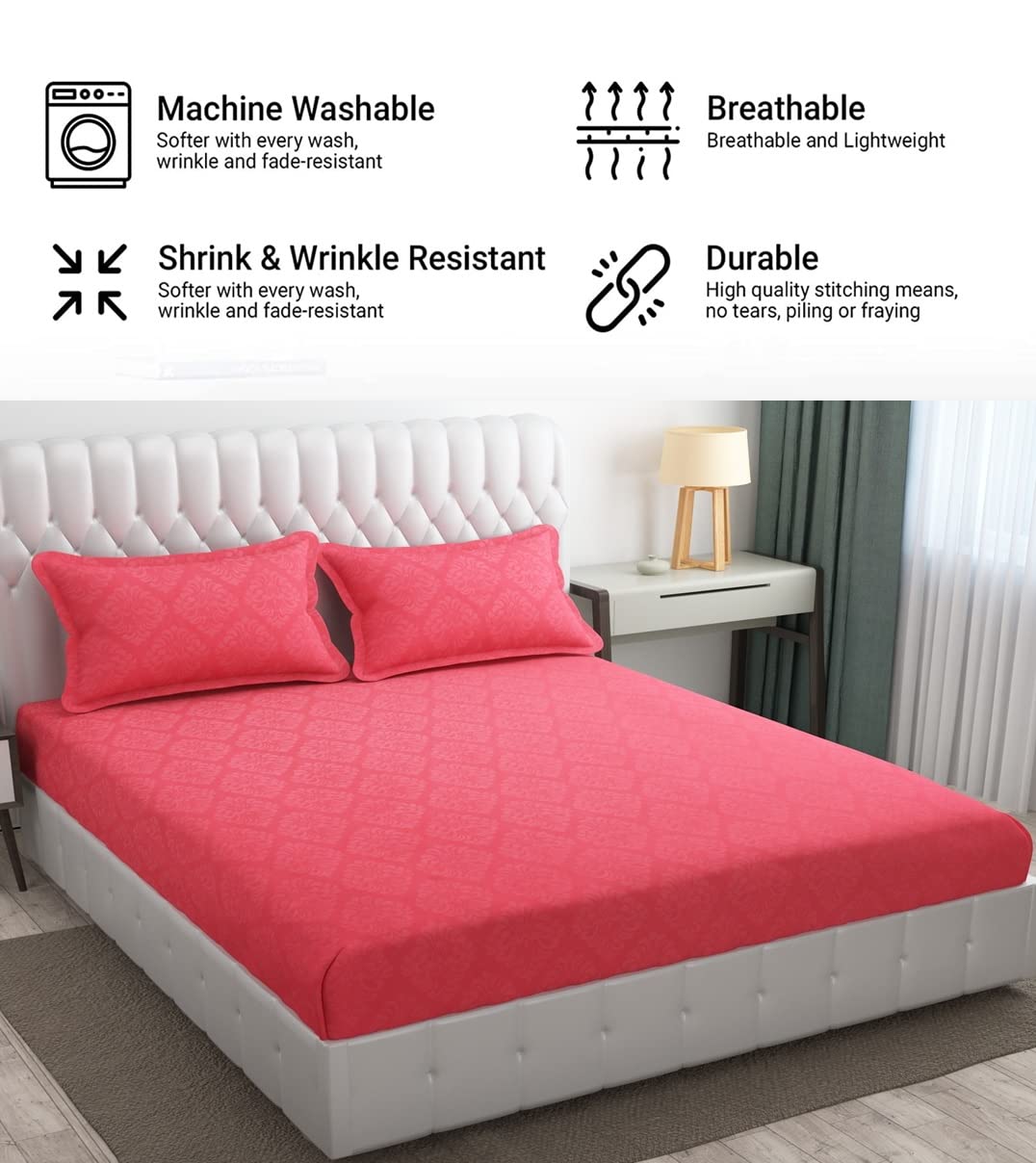 144 TC King Size Bedsheet With 2 Pillow Covers - 90 X 95 Inches | Pink, Damas Design Bedsheet | Machine Washable & Wrinkle Resistant