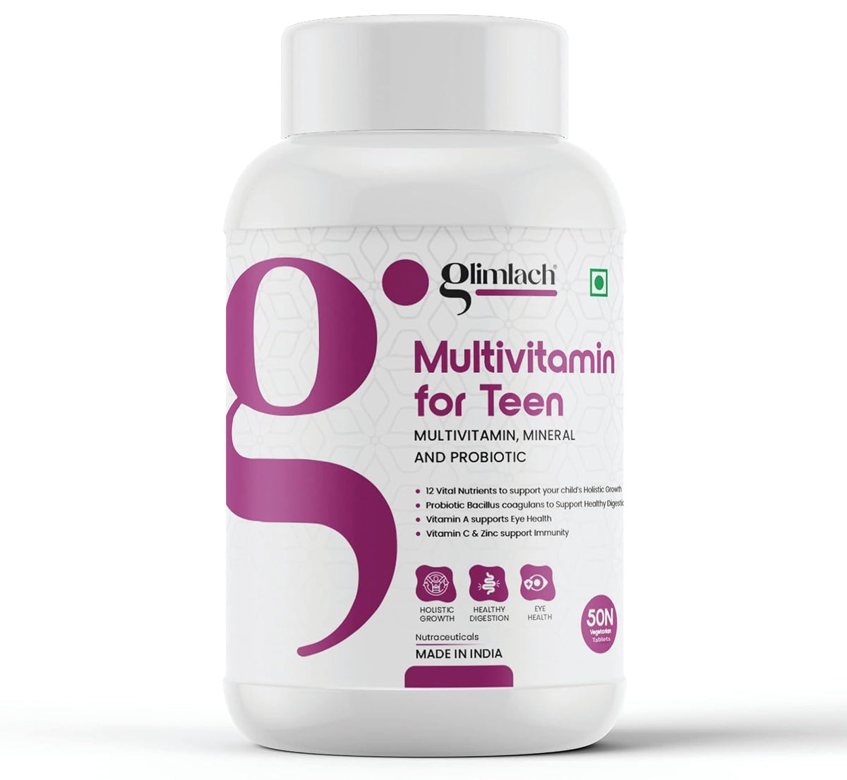 Glimlach Multivitamins For Teenagers, With Zinc, Vitamin C, D3, Multiminerals & Ginseng Extract, Enhances Energy, Stamina & Immunity | 50 Veg Tablets , 100gm 0.2lbs