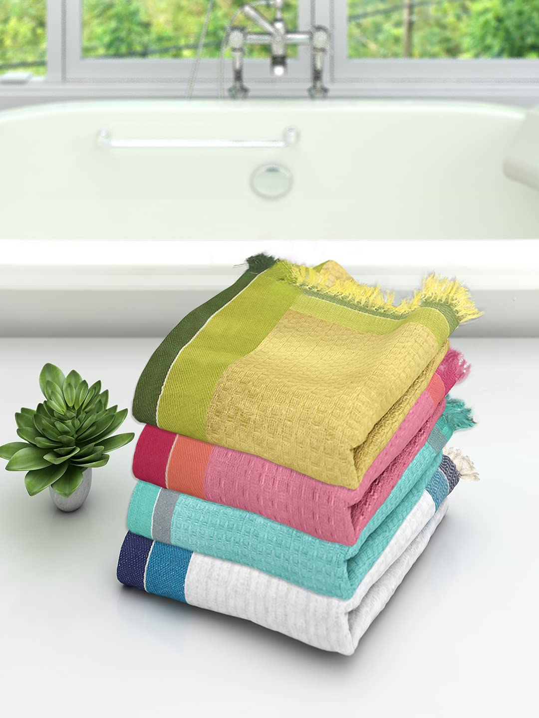 Athom Living Light Weight Cotton Premium Waffle Border Bath Towel | Pack Of 4 Multi7