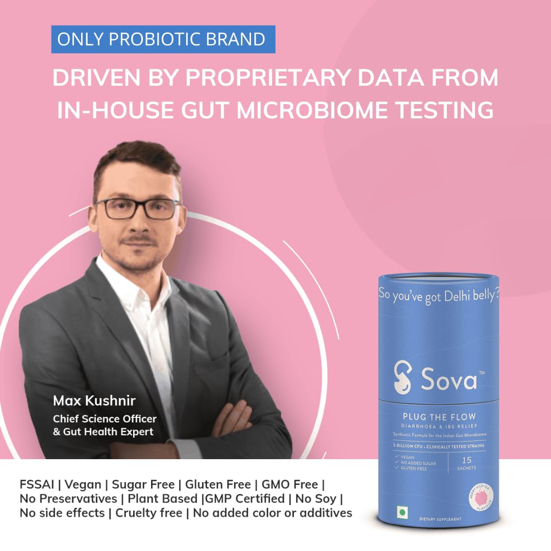 Sova Plug The Flow For Men & Women Ibs Relief, Prevent Loose Stools, Diarrhea, Upset Stomach, Prebiotics, Probiotics & Digestive Enzymes 5 Billion Cfus | 15 Vegan Sachets 150gm 0.3lbs
