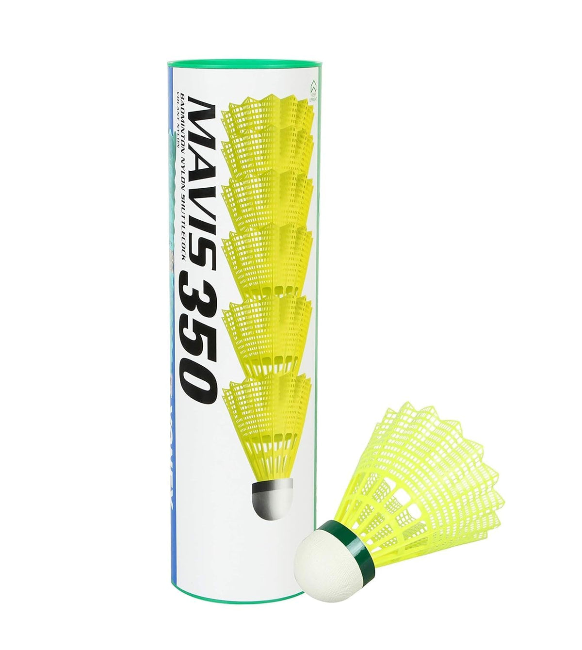 Yonex MAVIS 350 Badminton Nylon Shuttlecocks, Green Cap, Colour - Yellow, Pack Of 6 Shuttles