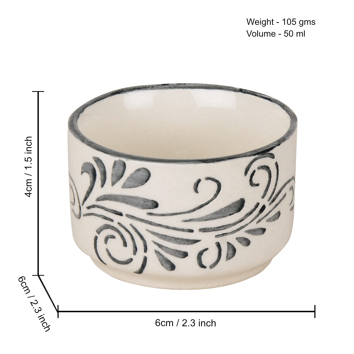 Hand Painted Ceramic Dip Bowls Set Of 4 - 50ml Each, Grey & Off White | Chutney Bowls - Ketchup Bowls