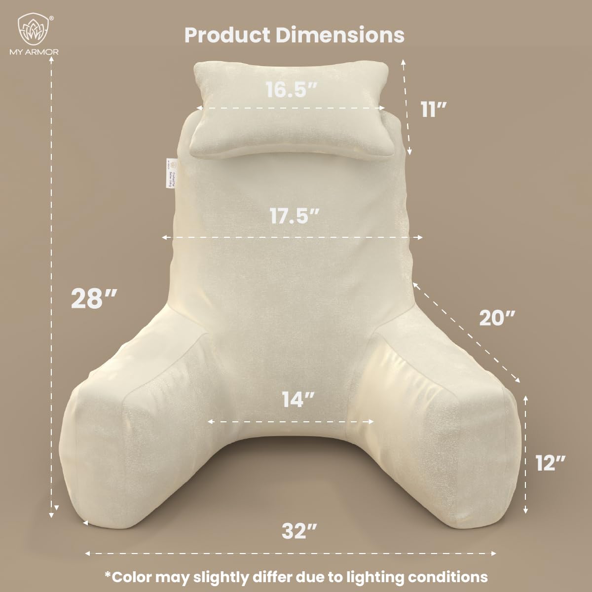 Backrest Pillow For Bed With Detachable Neck Rest & Support Arms - Cream | Soft Reading Pillow, Back Support Wedge Pillow For Working, Seating & Relaxing In Bed, Adjustable Pillow