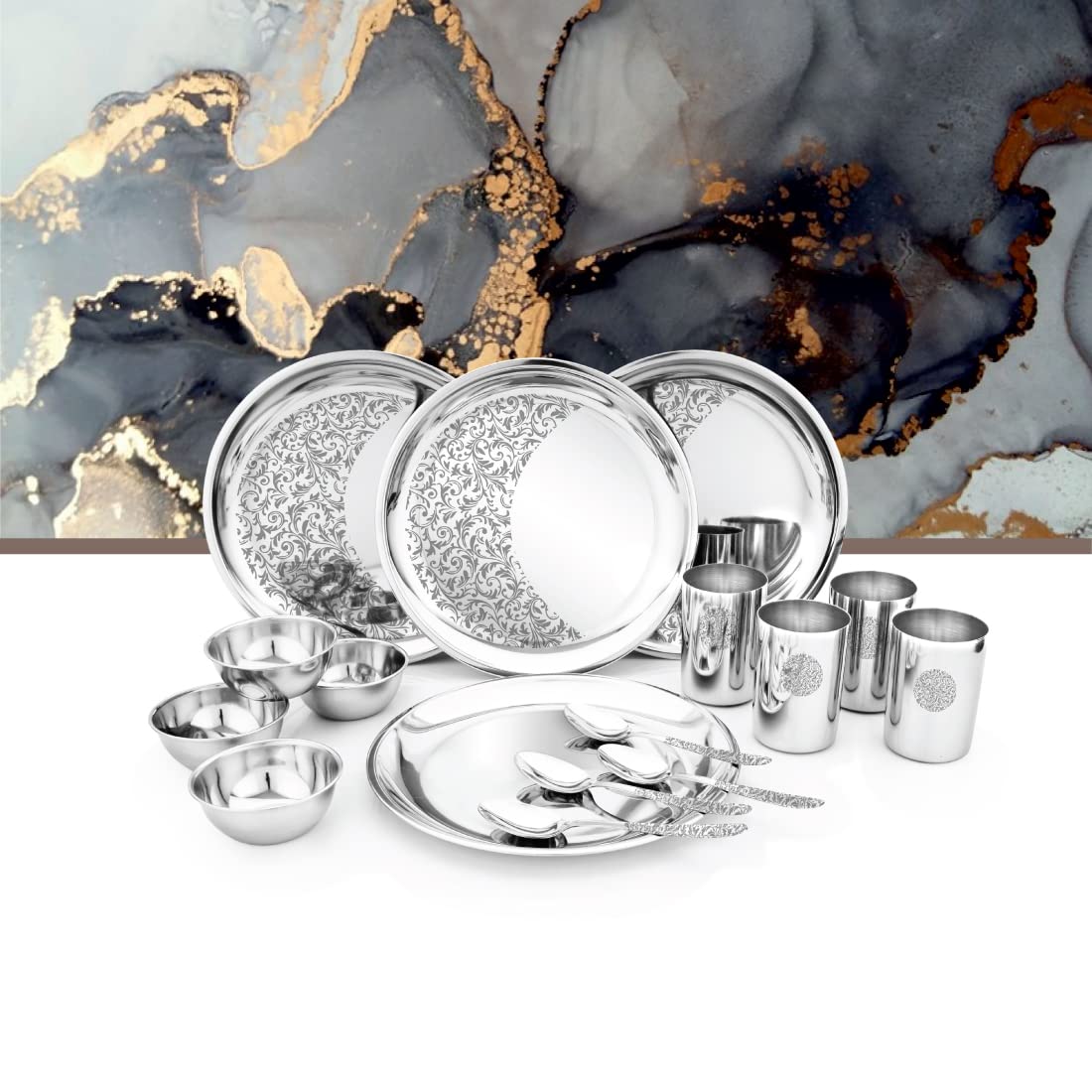 Designer Stainless Steel Delight Laser Bloom Dinner Set Of 16 Pieces, Silver | 4 Dinner Plates+ 4 Glasses+ 4 Bowls+ 4 Dessert Spoons