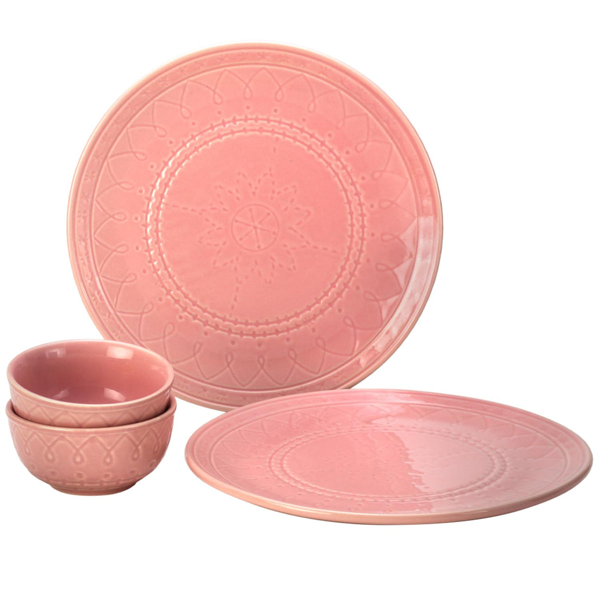 Handcrafted Stoneware Embossed Ceramic Dinner Set Of 4 Pcs - Light Pink | 2 Dinner Plates + 2 Small Dinner Bowls, 180ml Each - Microwave & Dishwasher Safe