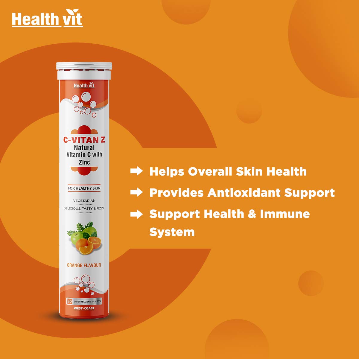 Healthvit C - Vitan - Z Natural Vitamin C 40mg, Amla & Zinc For Antioxidant Support , Improves Immunity & Skin Health | Delicious, Tasty & Fizzy | 20 Effervescent Tablets , 50gm 0.1lbs