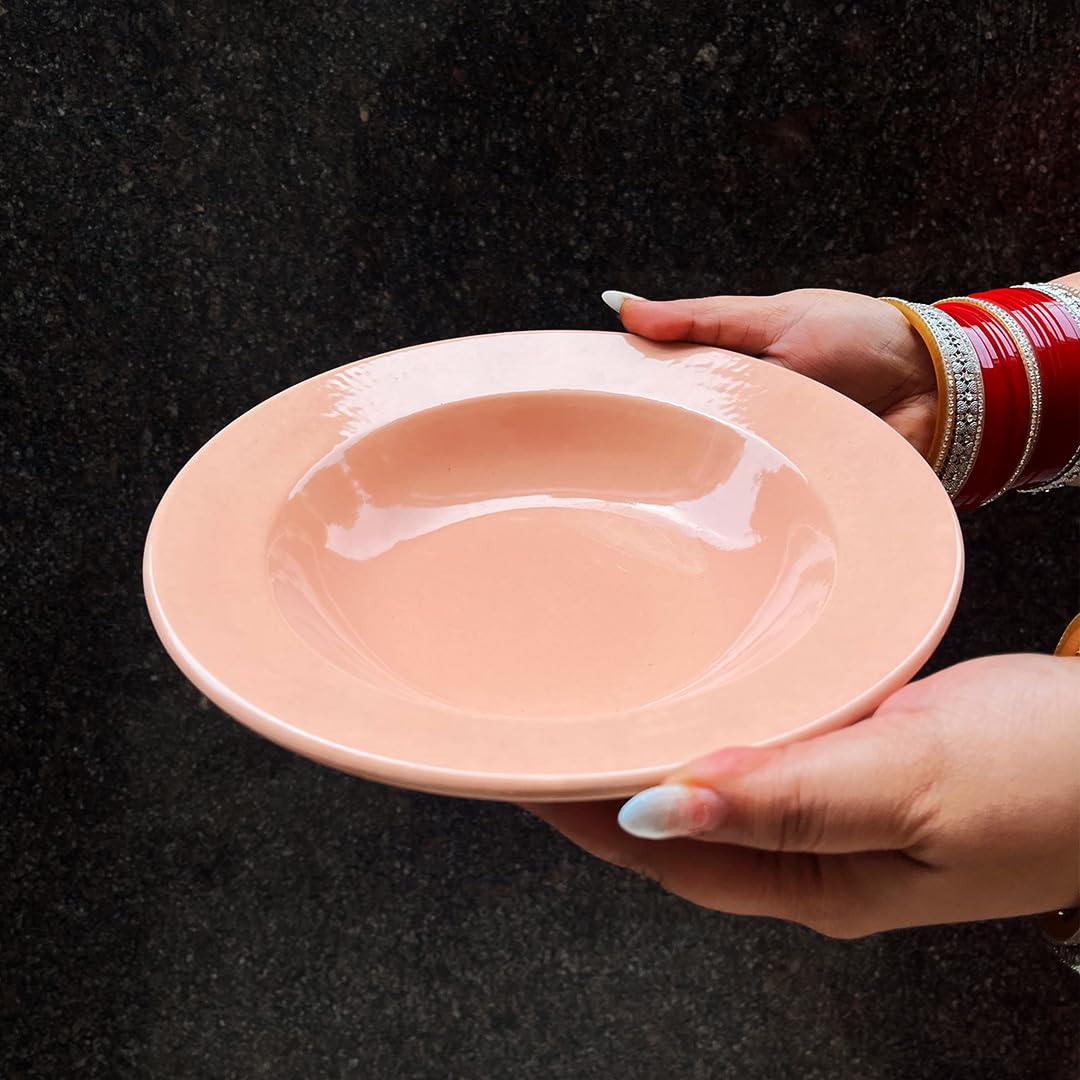 Coral Pink Ceramic Pasta Plates - 2 Pieces | Handcrafted Multi Purpose Ceramic Deep Plates, Snack Plates, Starter Plates - 9 Inch, Microwave Safe & Dishwasher Safe