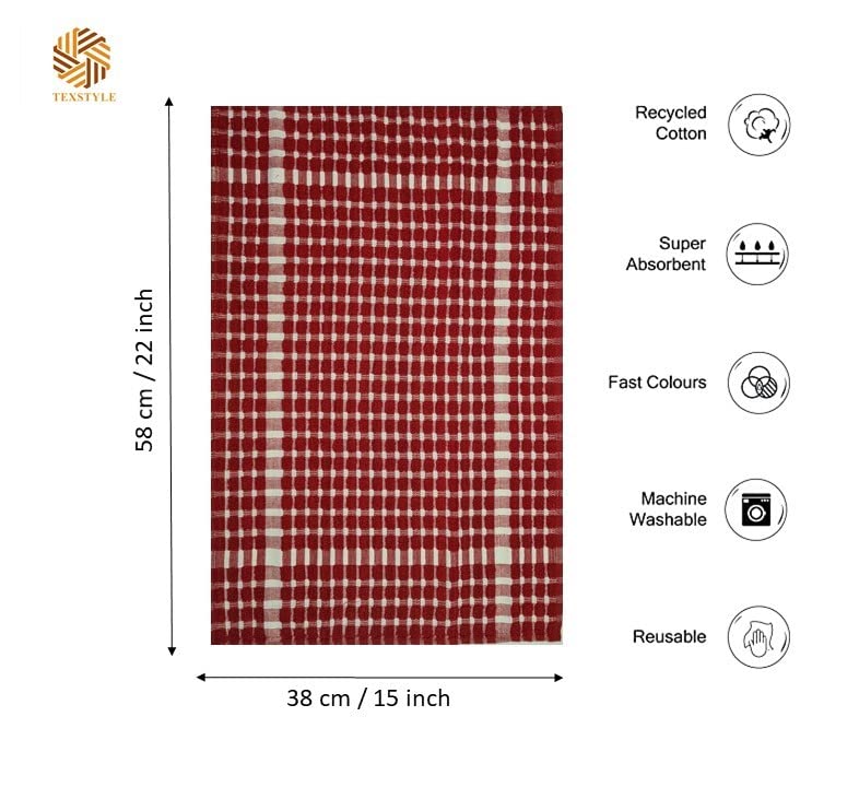 Texstyle Kitchen Cleaning Towel 400 Gsm | Soft & Absorbent Hand Towel For Kitchen Cleaning & Quick Drying Of Plates & Glasses (Red) - Set Of 4