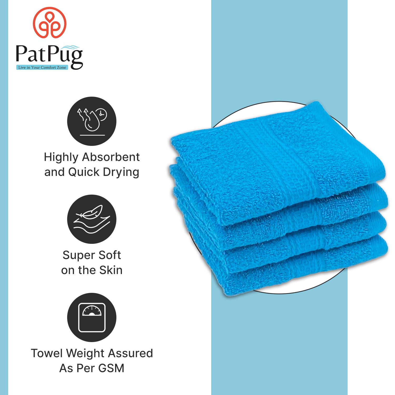 Patpug 100% Indian Ultra Soft Cotton Face Towel 500 Gsm | Napkin, Baby Face Towel, For Facewash, Gym, Travel, Hanky (Turquoise Blue) | Pack Of 4