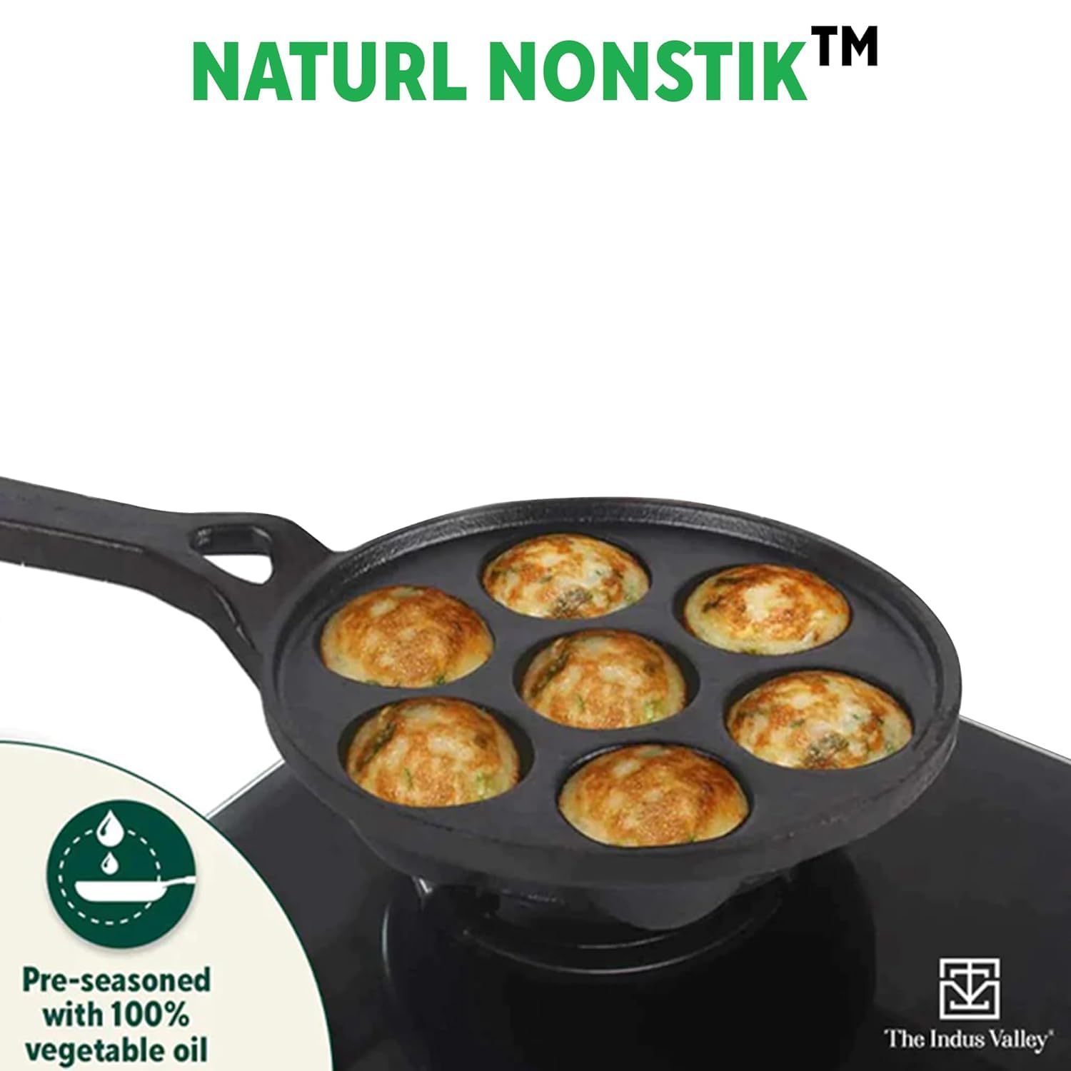 Pre-Seasoned Black Cast Iron Paniyaram Pan With Free Wooden Picker - 7 Pits, 21cm, 8.3 Inch, 1.7 Kg | Induction Friendly, Pre-Seasoned Paddu Pan, 100% Pure & Toxin-Free, No Chemical Coating