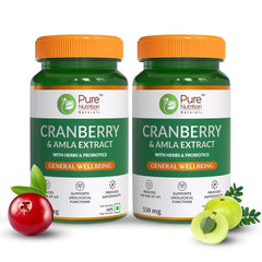Pure Nutrition Cranberry & Amla Extract With 3bn Cfu Probiotics, Uti Health Supplement For Unisex, Useful For Bladder & Urinary Tract Infections | 550mg 60 Veg Capsules 100gm 0.2lbs Each Pack Of 2