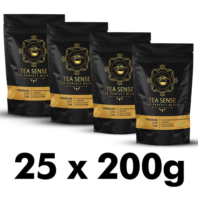 Tea Sense Premium CTC Tea - Pack Of 25 X 200gm, 7.05 Ounce Each | Assam Chai With Darjeeling Whole Leaves - Rich Flavor & Strong Chai Patti, High Caffeine | The Perfect Blend Loose Leaves