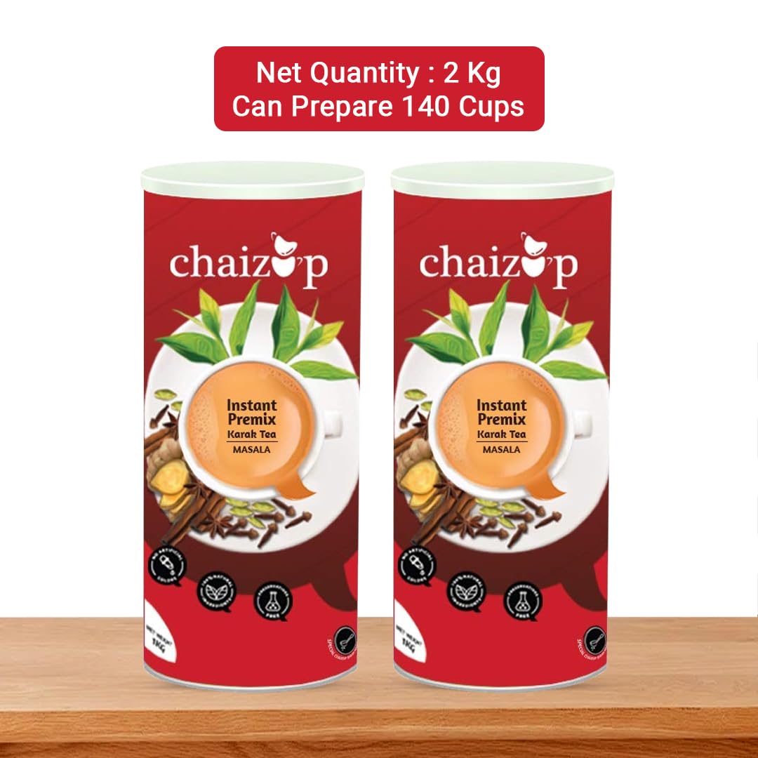 Chaizup Premium 1 Min Instant Masala Tea Premix - Pack Of 2 X 1 Kg Can, 35.2 Ounce Each | Just Add Hot Water - Assam Masala Chai Powder | Low Caffeine, No Added Color - Home Like Tea