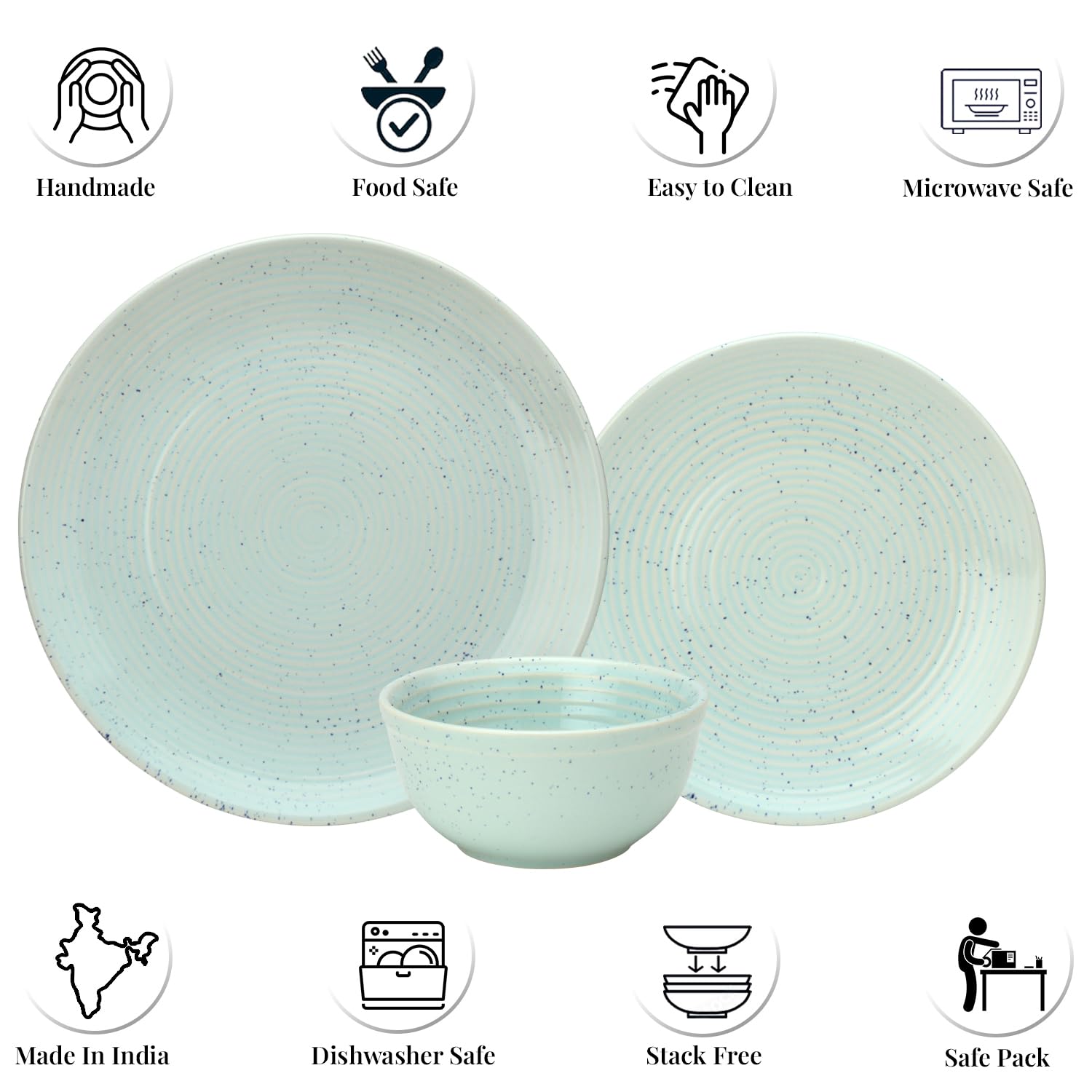 Handcrafted Ceramic Stoneware Dinner Set Of 6 - Mint Green | 2 Dinner Plates, 10.6 Inch Each+ 2 Small Plates, 7.4 Inch Each + 2 Small Dinner Bowls, 180ml Each - Microwave & Dishwasher Safe
