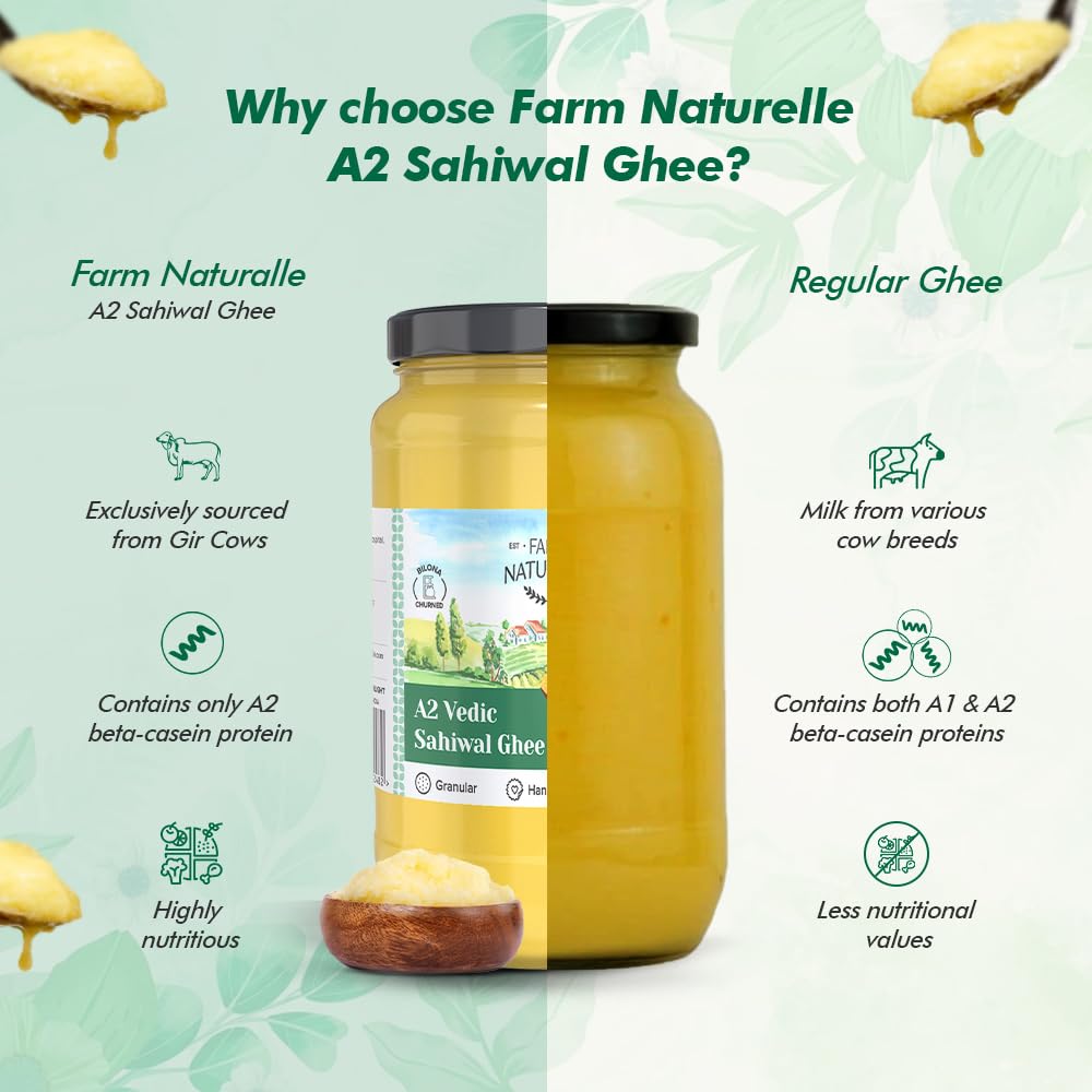 Organic Natural A2 Vedic Sahiwal Ghee By Farm Naturelle | Natural & Healthy Desi Cow Ghee Perfect For Overall Health | (500ml) 16.9 Ounce With Wooden Spoon (50ml) 1.6 Ounce | Jar Pack