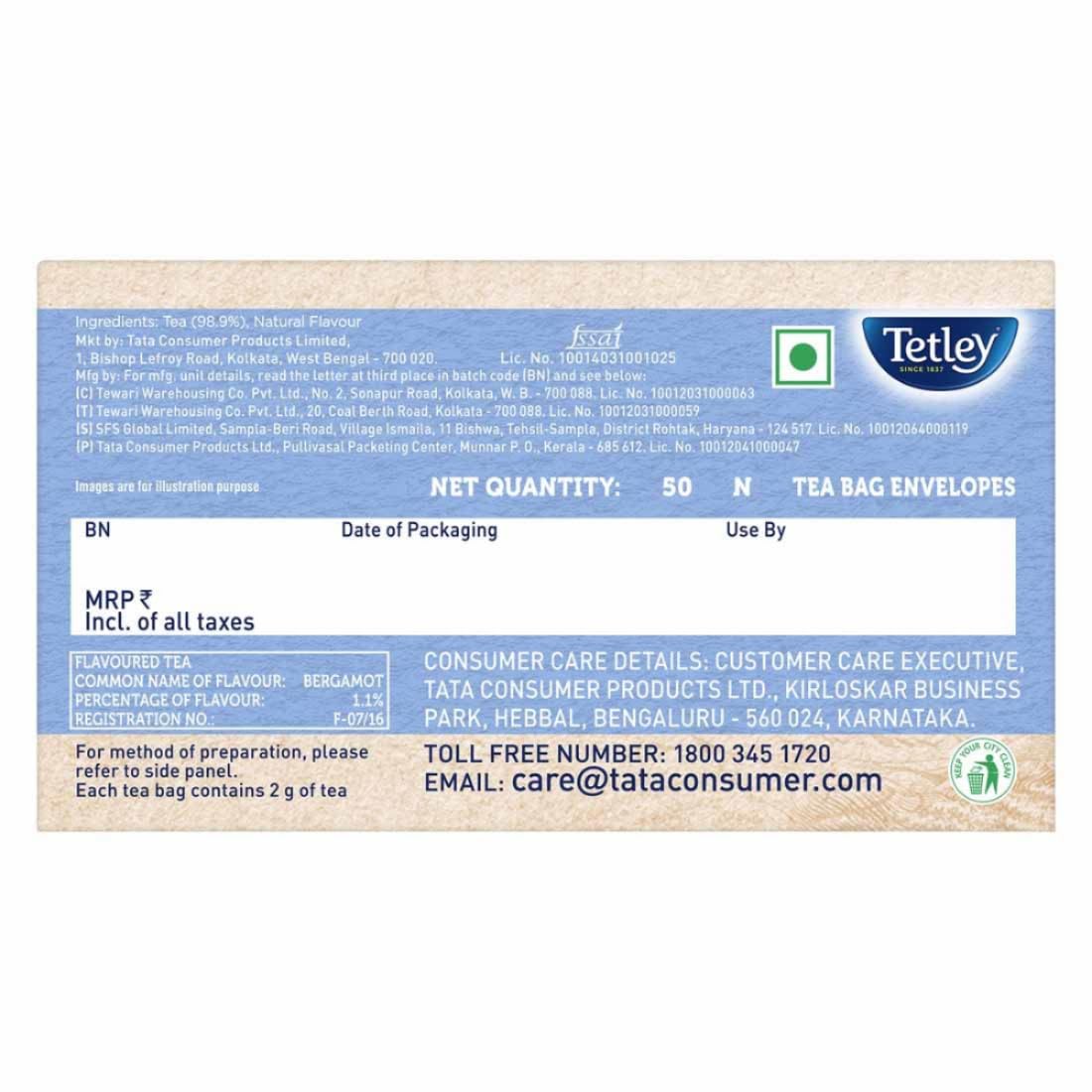 Tetley Earl Grey Flavoured Black Tea - Pack Of 2 X 50 Tea Bags | Biodegradable, Environment Friendly Tea Bags - Plastic Free, Caffeine Free