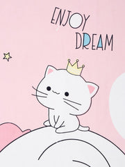 Elastic Fitted Kids Elephant & Kitty Double Bedsheet 2 King Size Pillow Covers, Baby Pink (90x92 Inches) | Lightweight, Soft & Breathable - Perfect For Gifting Bedsheet