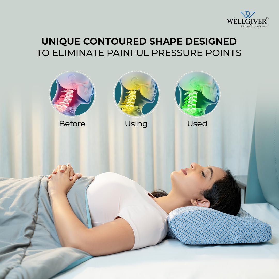 Cervical Memory Foam Pillow For Neck Pain, Standard Size - 19 X 11 X 4 Inch | Orthopedic Pillow Spondylitis Neck & Shoulder, Head Pain | Washable Jacquard Blue Cover - Pack Of 1