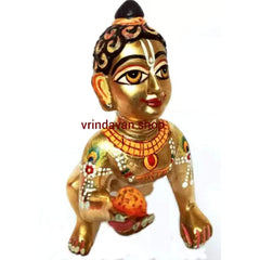 Full Hand Painted Laddu Gopal Idol, Little Krishna, Brass, Golden Idol - 10 Inch, Traditional Deign, For Janmashtami Pooja, Home & Office Temple, Statue