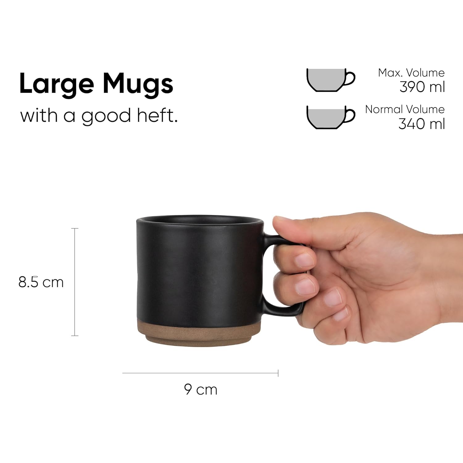 Large Ceramic Coffee Mug Set Of 2 - Black, 350ml Each | Ceramic Japandi Mug, Tea Mug With Matte Finish - Mug For Coffee | Ceramic Coffee Mug - Microwave Safe & Dishwasher Safe