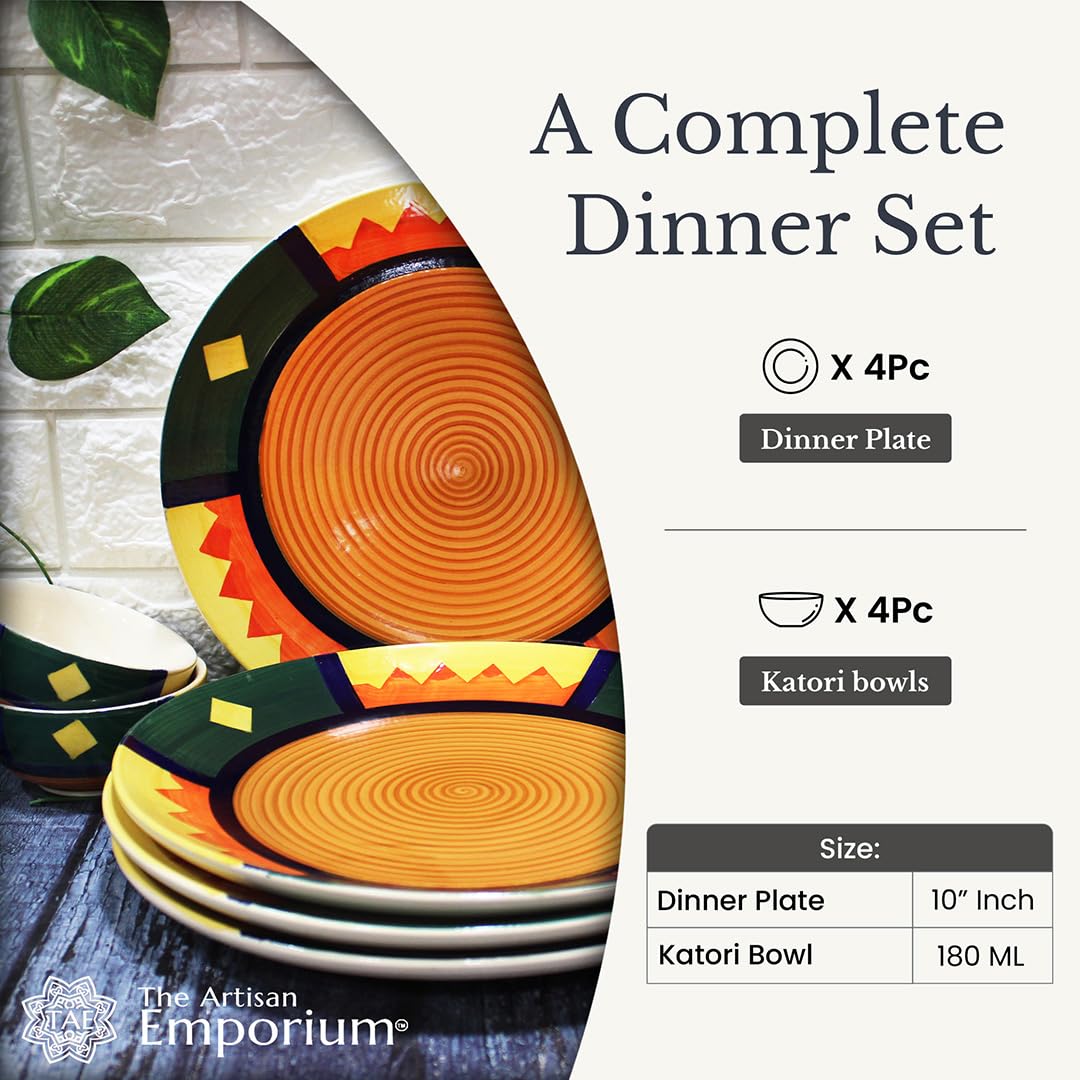 Boho Fiesta Hand Painted Ceramic Dinner Set - 8 Pieces, Multicolor | 4 Dinner Plates + 4 Katori Serving Bowls, 180ml Each Dinnerware Set | Serving For 4, Microwave Safe & Dishwasher Safe