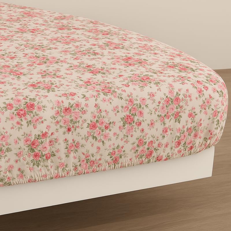 Cotton Elastic Fitted Double Bedsheets King Size With 2 Pillow Covers - 72x78+10 Inches, White & Pink | Luxurious Softness & Breathable Comfort Crafted Bedsheet