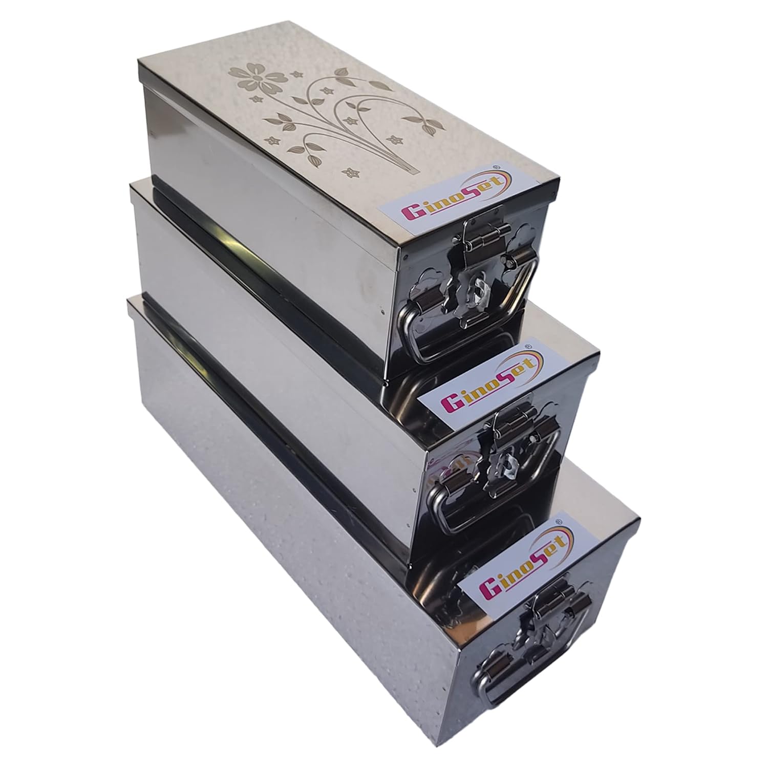 3 Sizes Stainless Steel Rectangular Jewellery Box Bank Locker Safe Storage Cash Peti Bank Box Container Set 8-Inch, 10.23-Inch, 12.2-Inch, Printed Laser Design, Colour - Silver