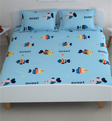 Cartoon Printed Double Bedsheet For Kids With 2 Pillow Cover - 90 X 95 Inches, Aqua | Cotton Feel All Around Elastic Fitted Queen Size Double Bed