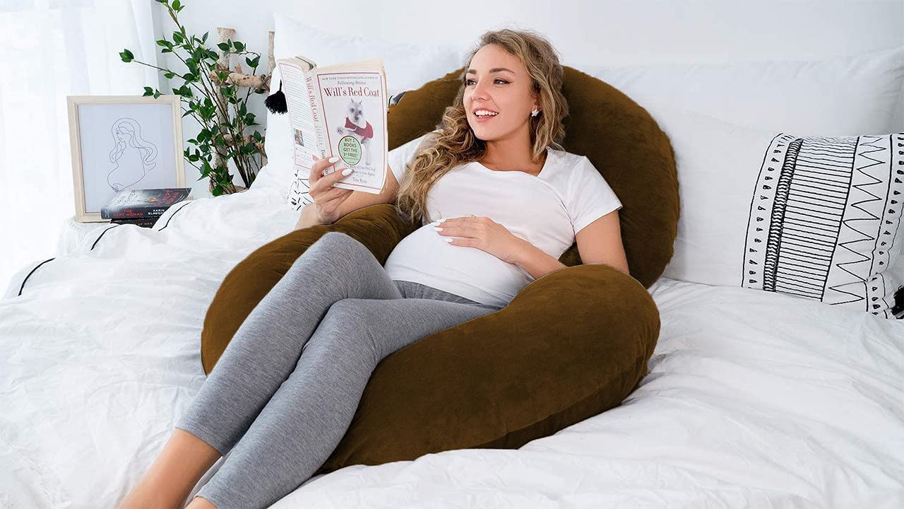 Pregnancy Pillow, Maternity Body Pillow For Sleeping, C Shaped Pillow, Brown - 55 Inch | Full Body Pillow, Pregnancy Pillow For Pregnant Women, Support Belly & Back, Removable Velvet Cover