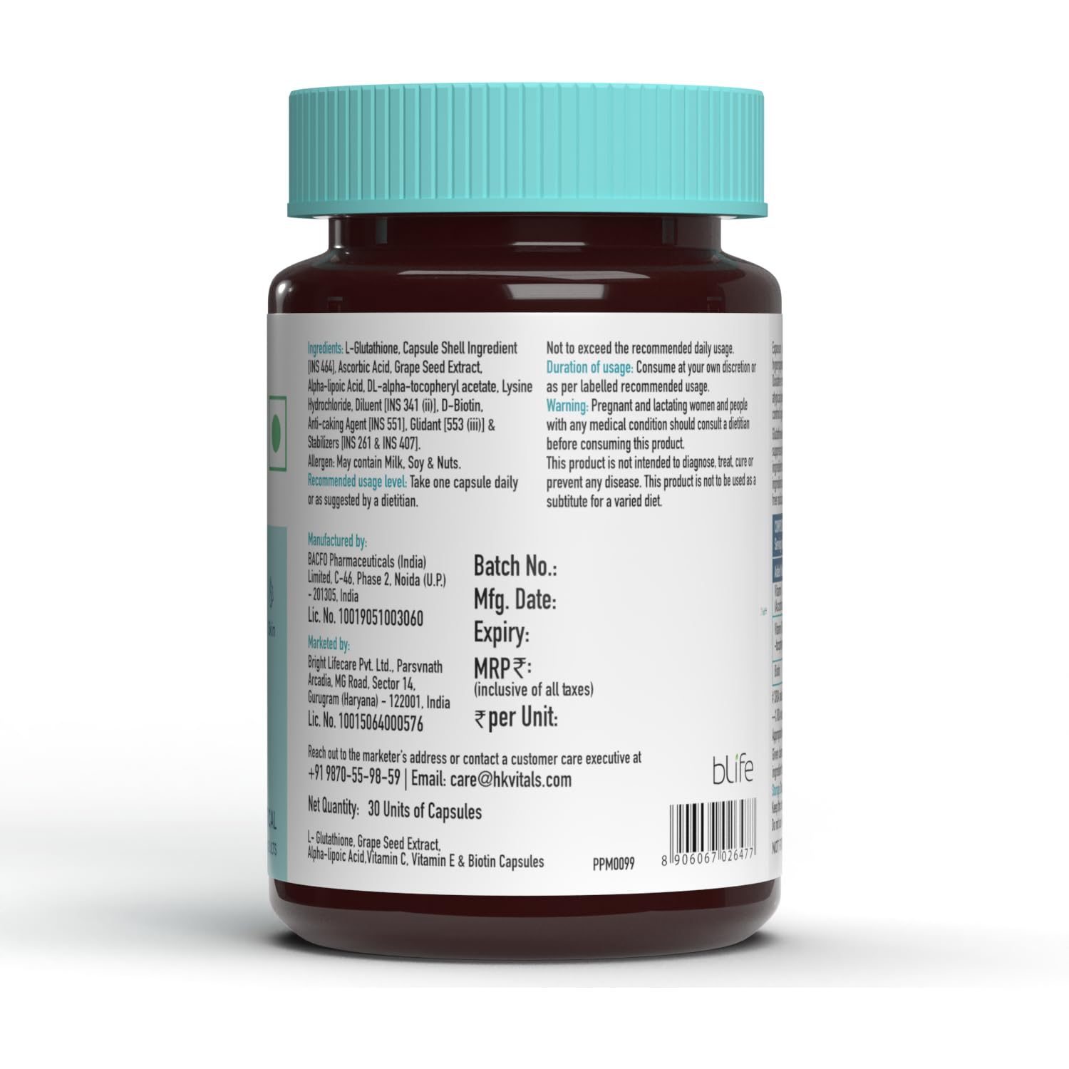 Healthkart Hk Vitals Glutathione With Vitamin C & E, Biotin, Grape Seed Extract & Alpha Lipoic Acid, Antioxidant Support, For Skin Glow & Hydration | 30 Veg Capsules , 50gm 0.1lbs
