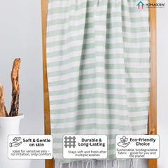 Homadorn 100% Cotton Striped Fouta Bath Towels 700 Gsm | Soft Quick Dry & Absorbent Hand-Knotted Tassels | Turkish Hamam Towel (Green - White)- Pack Of 2