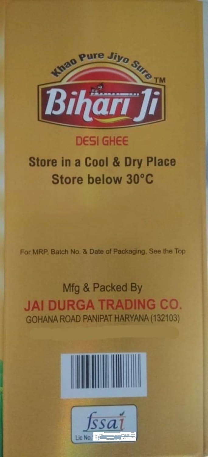 Organic Pure Desi Ghee By Bihari Ji | Traditional Hand Churned Bilona Method Desi Ghee Perfect For Sweets & Laddus | 1 Litre (500ml * 2) 33.8 Ounce | Box Pack