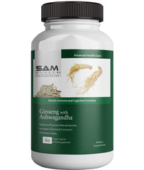Sam Health Ginseng With Ashwagandha, Boosts Immune & Cognitive Function, Enhances Physical & Mental Stamina | 60 Vegan Capsules 100gm 0.2lbs