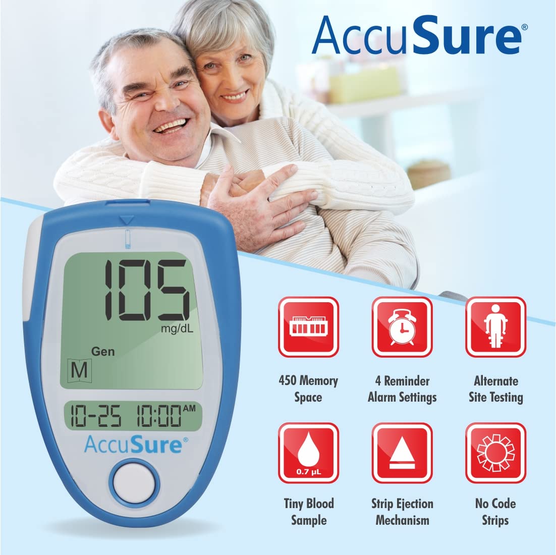 AccuSure Blood Glucose Monitoring System + Test Strips - 25 Strips, Multi Color