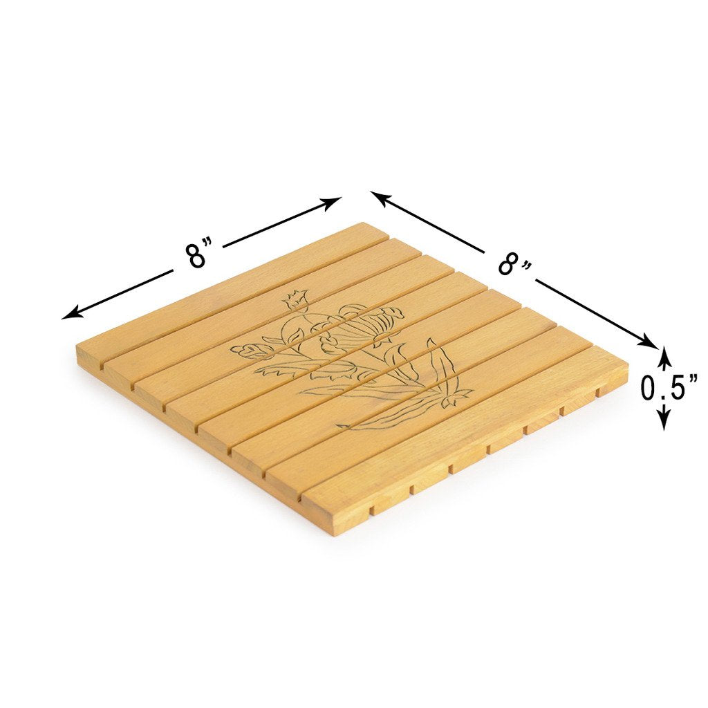 Hand Carved Steam Beach Wood Square Trivet Set Of 1 - 8 X 8 Inches Yellow | Coasters For Drinks - Hot & Cold Wooden Coaster Sets For Dining, Tea & Coffee Table