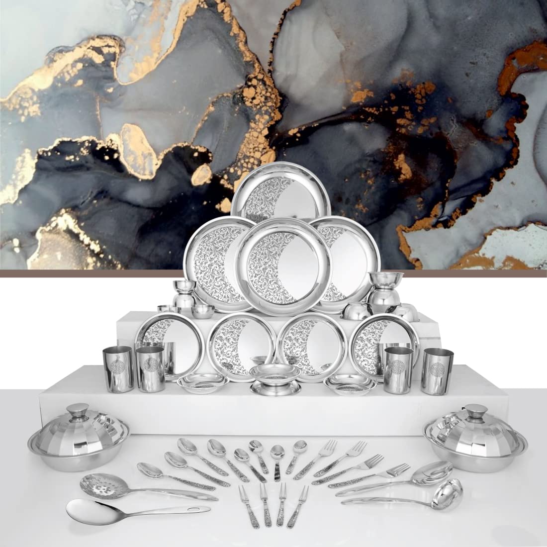 Designer Stainless Steel Delight Laser Bloom Dinner Set Of 46 Pieces, Silver | Dishwasher Safe & Easy To Clean