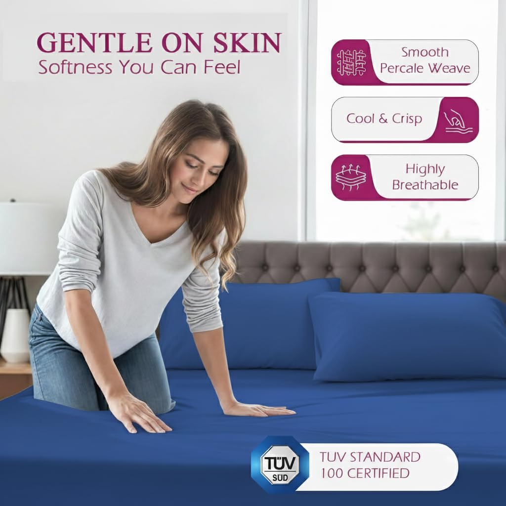 1 Plain Single Flat Bedsheet With 1 Pillow Cover - 54 X 90 Inches, Blue | Breathable & Skin Friendly Bedsheet | Ideal For Hotel, Guest House, Bedroom