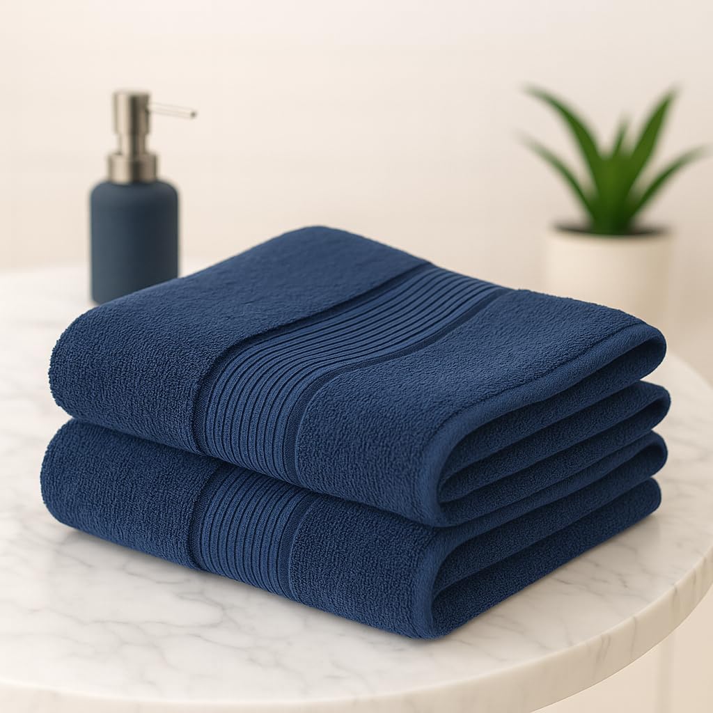 Akiko Home 100% Cotton Essential Series Bath Towel 400 Gsm | Soft, Absorbent, Quick Dry & Durable, Large Size Towel Pack Of 2 (Navy)